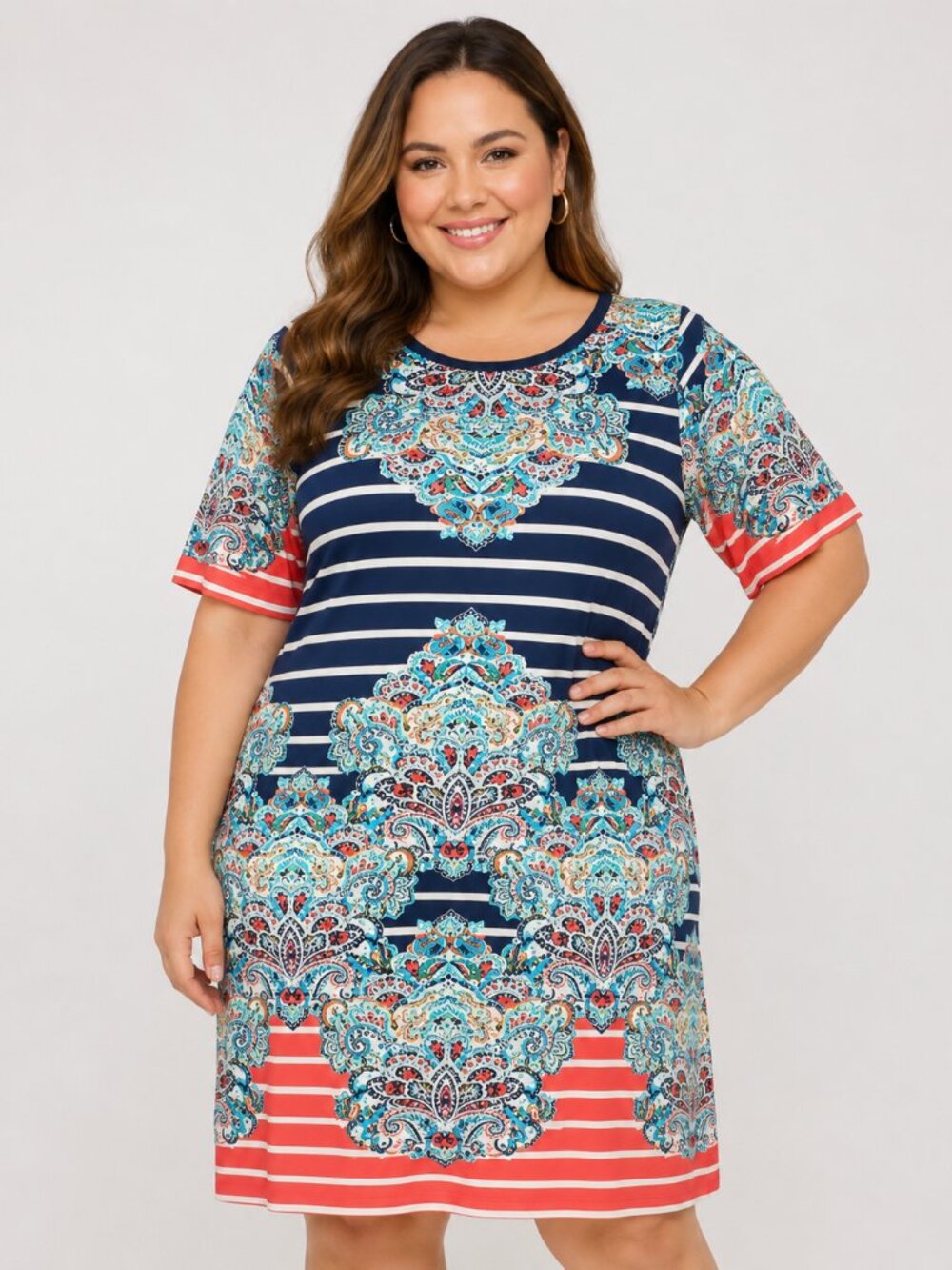Madison Leigh Woman 2X Navy Coral Paisley Stripe Shift Dress Plus Size Short Sle